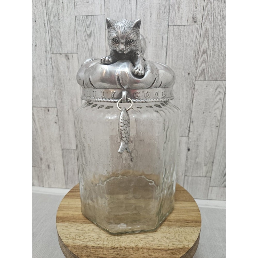 Arthur Court Kitten Cat Treat Jar Good Kitty Glass Canister Silver Lid  2002